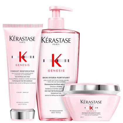 Kit com shampoo, condicionador e máscara capilar Genesis, da marca Kerastase.