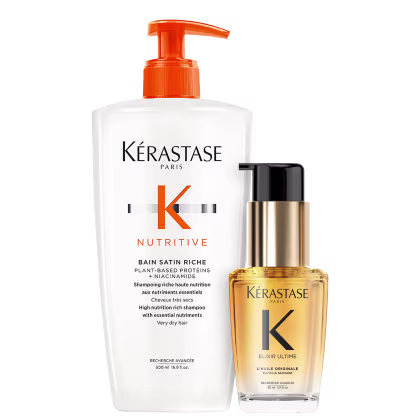 Kit com shampoo Nutritive e óleo capilar Elixir Ultime, da marca Kerastase.