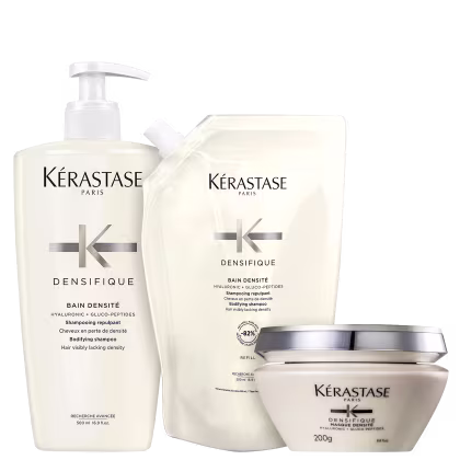 Kit com shampoo, refil de shampoo e máscara capilar Densifique, da marca Kerastase.