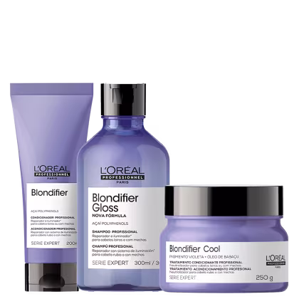 A imagem mostra três produtos da linha Blondifier da L'Oréal Professionnel para cabelos loiros ou com mechas.