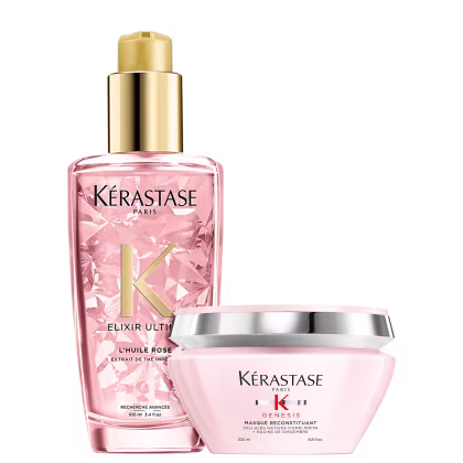 Kit Kérastase Genesis Elixir Ultime Rose Reconstituant, com shampoo e máscara para cabelos quebradiços.