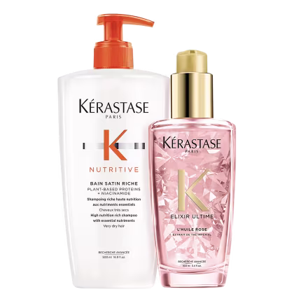 Kit com shampoo Nutritive, óleo capilar Elixir Ultime Rose, da marca Kerastase.
