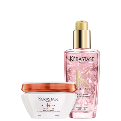 Kit com máscara capilar Nutritive, óleo capilar Elixir Ultime Rose, da marca Kerastase.