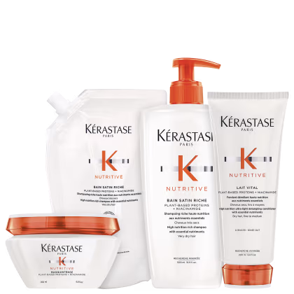 Kit com shampoo, refil de shampoo, condicionador e máscara Nutritive, da marca Kerastase.