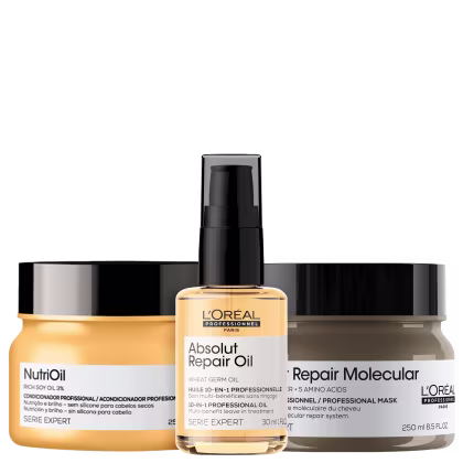 Kit com máscara capilar Absolut Repair Molecular, máscara capilar NutriOil e óleo capilar Absolut Repair Oil, da marca  L'Oréal Professionnel