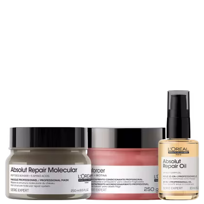 Kit com máscara capilar Absolut Repair Molecular, máscara capilar Inforcer e óleo capilar Absolut Repair Oil, da marca  L'Oréal Professionnel