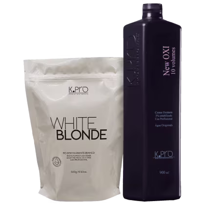 O produto de beleza apresentado na imagem consiste em dois itens da marca K.Pro: um pacote de pó descolorante branco chamado "White Blonde" e um frasco preto de 900 ml rotulado como "New Oxi 10 volumes", que parece ser um creme oxidante.