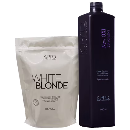 O produto de beleza exibido na imagem é um conjunto de dois itens da marca K.Pro: um pacote de pó descolorante branco chamado "White Blonde" e um frasco de 900 ml de "New Oxi 20 volumes", um creme oxidante.
