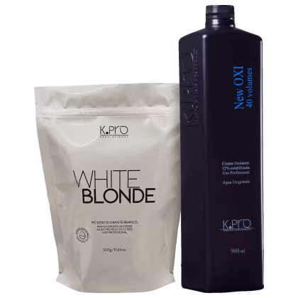 O produto de beleza apresentado na imagem é um conjunto de dois itens da marca K.Pro: um pó descolorante branco chamado "White Blonde" e um creme oxidante em uma embalagem preta.