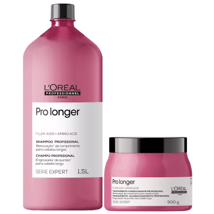 Produto de tratamento capilar L'Oréal Professionnel Prolonger da linha Serie Expert. Composto por um shampoo em frasco plástico rosa de 1,5 litros e um condicionador em pote plástico rosa de 500 gramas.