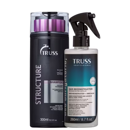 A imagem mostra dois produtos da TRUSS: Shampoo Structure 300ml e Tratamento Uso Obrigatório 260ml. Cores predominantes são o preto, o rosa e o azul.
