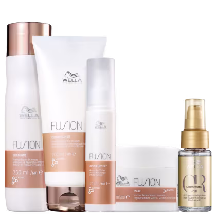 A imagem mostra uma linha de produtos para cabelos da marca Wella Professionals.