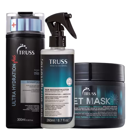 Kit TRUSS com:

TRUSS Ultra Hydration Plus - Shampoo 300ml
TRUSS Uso Obrigatório - Tratamento Reconstrutor 260ml
TRUSS Net - Máscara Capilar 550g