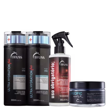 Kit com shampoo, condicionador Ultra Hydration Plus, máscara Specific e tratamento reconstrutor Uso Obrigatório Miracle Summer, da marca TRUSS.