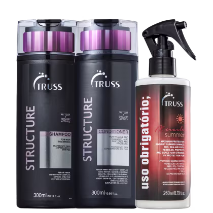 Kit com shampoo, condicionador Structure e tratamento reconstrutor Uso Obrigatório Miracle Summer, da marca TRUSS.