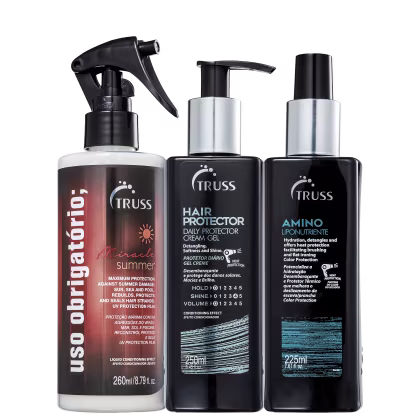 Kit com leave-in Amino, leave-in Hair Protector e tratamento Uso Obrigatório Miracle Summer, da marca TRUSS.