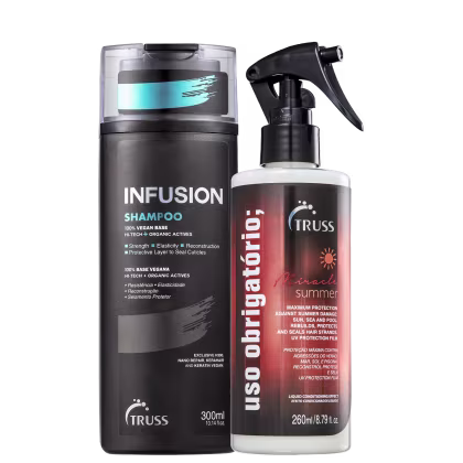Kit com shampoo Infusion e tratamento Uso Obrigatório Miracle Summer, da marca TRUSS.
