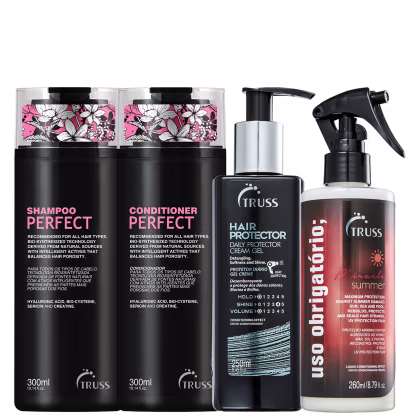 Kit com shampoo, condicionador Perfect, leave-in Hair Protector e tratamento reconstrutor Uso Obrigatório Miracle Summer, da marca TRUSS.
