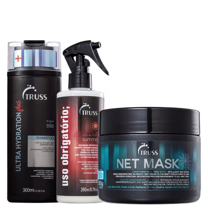 A imagem mostra o kit de TRUSS com o shampoo, o frasco em spray do uso obrigatório miracle summer e o pote redondo da máscara net mask.