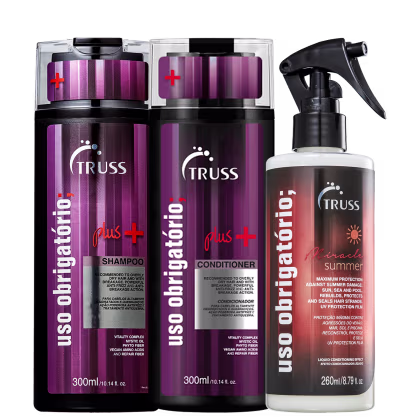A imagem mostra um kit de TRUSS com um shampoo e um condicionador da linha Uso Obrigatório Plus e um frasco do Uso Obrigatório Miracle Summer.