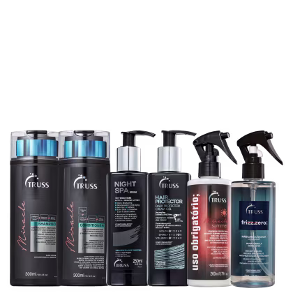 A imagem mostra um kit de TRUSS, com um shampoo e condicionador da linha Miracle, 1 frasco do Night Spa, 1 frasco do Hair Protector, 1 do Uso Obrigatório Miracle Summer e 1 frasco do Frizz Zero.