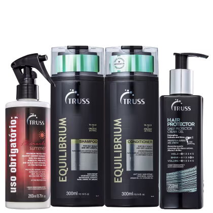 Sshampoo e e condicionador de 300ml cada. Tratamento reconstrutor para cabelos expostos ao sol com 260ml e protetor térmico com 250ml.