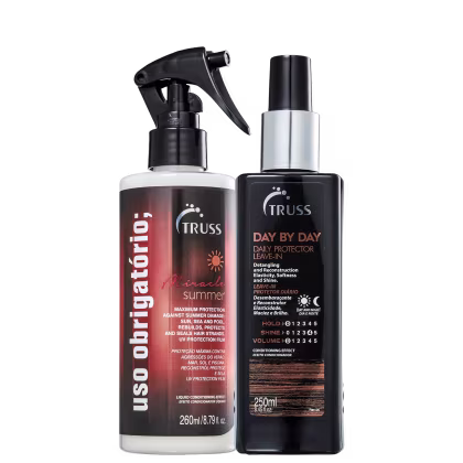 Dois produtos para cuidados capilares da marca TRUSS. Um é um protetor solar líquido para cabelos chamado "Uso Obrigatório Summer", em uma embalagem spray de 260ml. O outro é um leave-in diário chamado "Day by Day", em um frasco preto de 250ml.