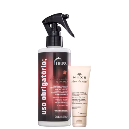 A imagem mostra um spray de 260ml de cabelo da marca Truss, na versão "Miracle Summer", com proteção máxima contra danos causados pelo sol, mar e piscina. Ao lado, há um creme para mãos e unhas da marca Nuxe, na versão "Rêve de Miel" com 50ml.