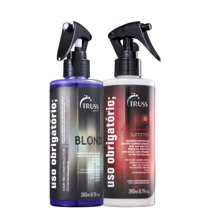 Dois frascos de spray de produtos para cabelos da marca Truss. Um frasco é roxo e contém um produto chamado "Blond", descrito como restaurador imediato para cabelos loiros. O outro frasco é vermelho e contém um produto chamado "Miracle Summer".