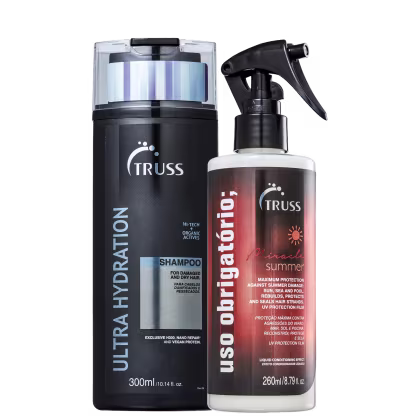 A imagem mostra dois produtos de cuidados capilares da marca TRUSS. Um é um shampoo para cabelos danificados e secos chamado "Ultra Hydration" de 300ml. O outro é um tratamento reconstrutor de 260ml.
