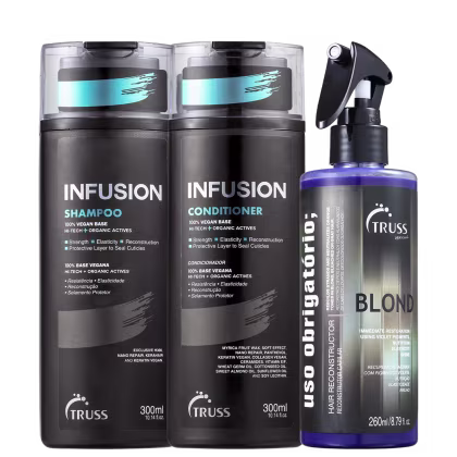 A imagem mostra um kit de TRUSS, sendo um shampoo e um condicionador da linha Infusion e um frasco do uso obrigatório Blond.