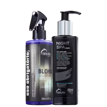 A imagem mostra dois frascos de produtos de TRUSS, sendo o Uso Obrigatório Blond e o Tratamento Noturno Night Spa.