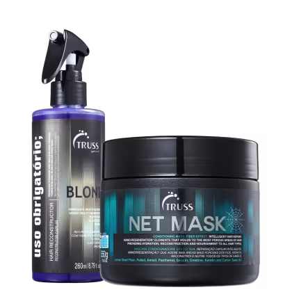A imagem mostra o frasco do Uso Obrigatório Blond e do pote redondo da máscara capilar net mask.