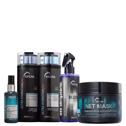 A imagem mostra um kit de TRUSS, contendo um shampoo e condicionador da linha Ultra Hydration Plus, um frasco de óleo capilar, um frasco do Uso Obrigatório Blond e um pote de máscara capilar net mask.