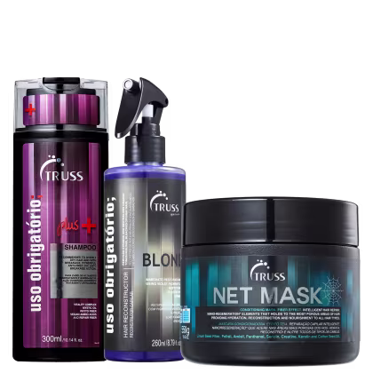 A imagem mostra um kit de TRUSS, sendo um shampoo da linha Uso Obrigatório Plus, um frasco do tratamento Uso Obrigatório Blond e um pote da máscara capilar net mask.