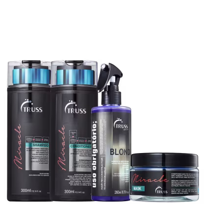 A imagem mostra uma linha de produtos para cabelos da marca TRUSS, com produtos Miracle e Uso Obrigatório Blond.