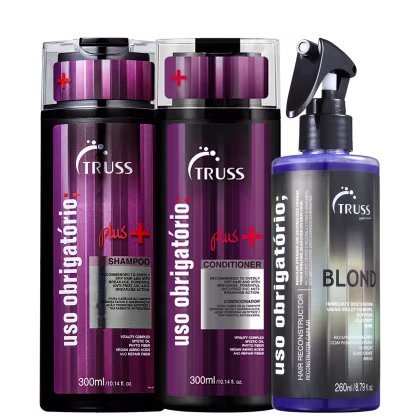 Produtos para cabelos da marca TRUSS. Shampoo e condicionador "Uso Obrigatorio Plus+". Produto "Uso Obrigatório Blond" em frasco spray de 260ml.