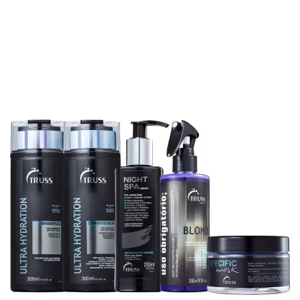 5 produtos de cabelo da marca TRUSS dispostos lado a lado. Cores predominantes são azul e preto.