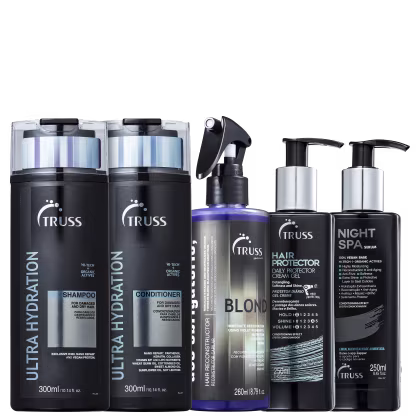 5 produtos de cabelo da marca TRUSS dispostos lado a lado. Cores predominantes são azul e preto.