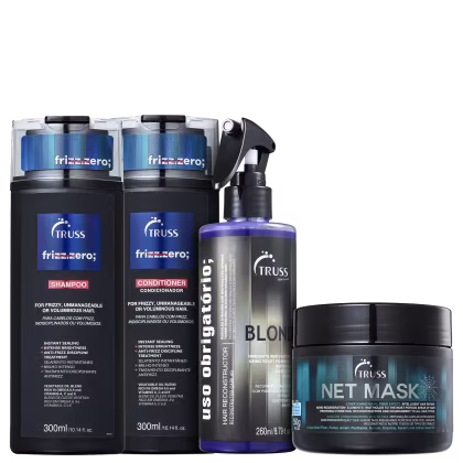 Shampoo e condicionador Frizz Zero, Uso Obrigatório Blond e Net Mask.