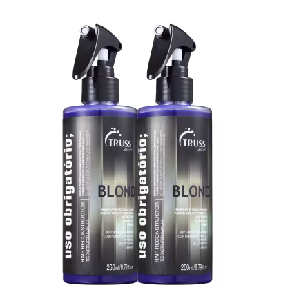 Dois frascos de spray para cabelos loiros da marca TRUSS, linha Uso Obrigatório Blond.Os frascos são pretos com detalhes prateados e uma faixa roxa na parte inferior.