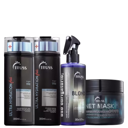 A imagem mostra quatro produtos de cuidados capilares da marca TRUSS: shampoo e condicionador Ultra Hydration Plus, Uso Obrigatório Blond e Net Mask.