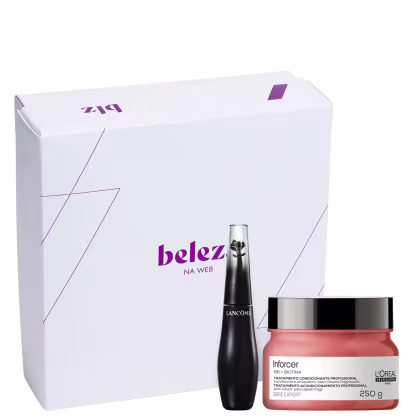 A imagem mostra caixa de presente Beleza na Web, máscara capilar L'Oréal Professionnel Inforcer 250g e máscara de cílios Lancôme Grandiôse 120g