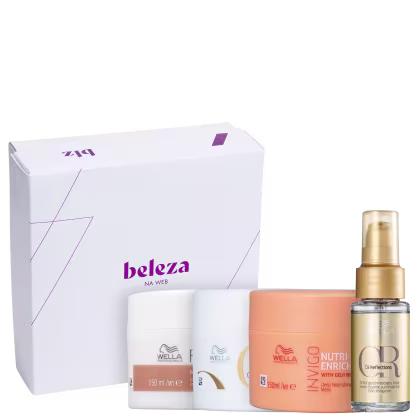 A caixa branca com detalhes em roxo. Dentro da caixa, há um óleo capilar e três máscaras de tratamento, das respectivas linhas: Oil Reflections, Fusion e Nutri-Enrich.