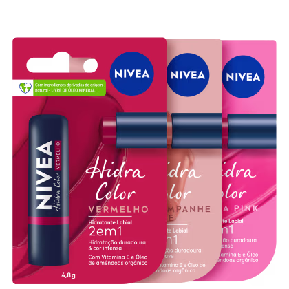 Kit NIVEA com as cores nude, vermelho e rosa pink do Hidra Color 2 em 1 Trio