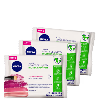Kit NIVEA com 3 unidades dos Lenços de Limpeza Facial  Ação Hidratante 3 em 1, com 25 folhas cada