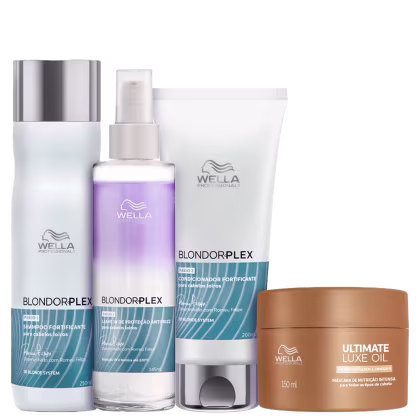Kit Wella Professionals com shampoo 250ml, condicionador 200ml e leave-in 145ml da linha BlondorPlex e máscara 150ml da linha Ultimate Luxe Oil