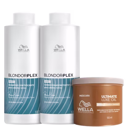 Kit Wella Professionals com shampoo e condicionador BlondorPlex  de 1 litro cada e máscara Ultimate Luxe Oil de 500ml