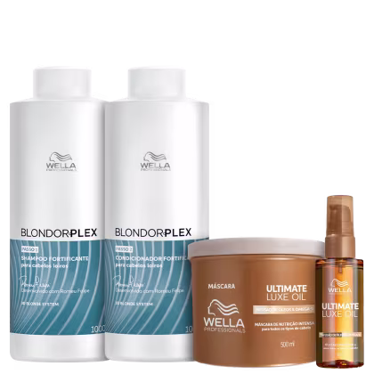 Kit Wella Professionals com shampoo e condicionador BlondorPlex  de 1 litro cada e óleo de 100ml e máscara de 500ml da linha Ultimate Luxe Oil