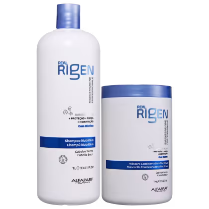 Kit com shampoo e máscara capilar Real Rigen, da marca Alfaparf Milano.